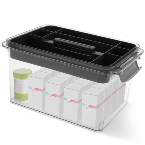 HuhWafee Pille Box Große Kapazität Transparente Erste Hilfe Box mit Deckel und Griff Multipurpose Pille Organizer für Home Car School Gym(Transparent Grau) von HuhWafee