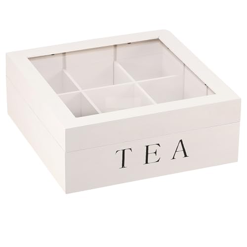 HuhWafee Teebox, Teebeutelbox mit 9 Trennfächern, Holz Teekasten, Elegante Tee Aufbewahrungsbox,Vorratsdose mit Glas Sichtfenster Deckel für Aromageschützte Aufbewahrung Von Tee(weiß) von HuhWafee