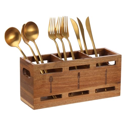 Kitchen Utensilhalte 3 Fächer fester echtes Holz Utensil Organizer für Küchentheke, Kochwerkzeuge für Arbeitsplatten Küchenutensilien Lagerraum, Messer, Gabel und Löffel Lagerkörbe,2 Seitliche Griffe von HuhWafee