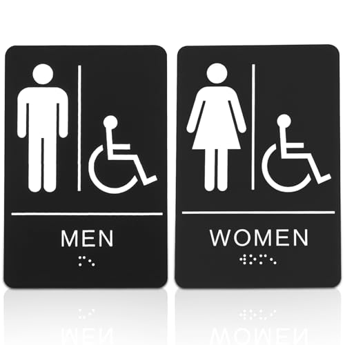 Selbstklebendes ADA Braille Schilder Set für Herren und Damen, Braille WC,Inklusive Grafischen Symbolen und Starkem Kleber für Einfache Installation, Größe 12 x 18 cm, Schwarz von HuhWafee