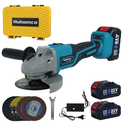 Huhomco Akku Winkelschleifer 125mm mit 2 x 4,0 Ah Akku und Ladegerät, 9000RPM Brushless Motor, 2-Positionen Zusatzgriff Metallschleifer, Trennscheiben, Flap Disc zum Trennen, Schleifen von Huhomco