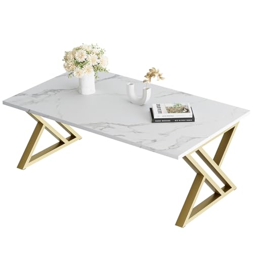 Huhote Couchtisch, Wohnzimmertisch, Sofatisch aus Holz, Kaffeetisch, Beistelltisch für Wohnzimmer, Einfache Aufbau, X Streben, Offener Stauraum, 100 x 48 x 55 cm, Marmor Weiß und Gold Metallgestell von Huhote