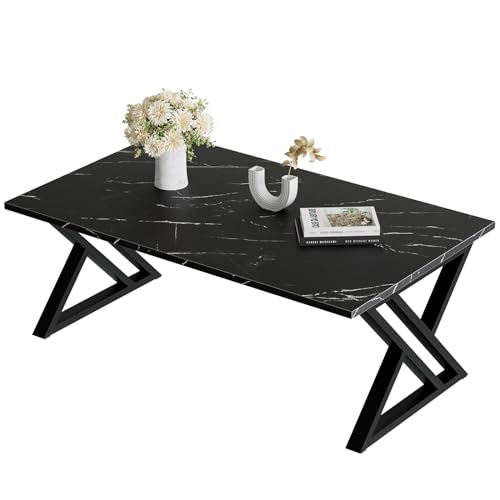 Couchtisch, Wohnzimmertisch, Sofatisch aus Holz, Kaffeetisch, Beistelltisch für Wohnzimmer, Einfache Aufbau, X Streben, Offener Stauraum, 100 x 48 x 55 cm, Marmor Schwarz und Schwarz Metallgestell von Huhote