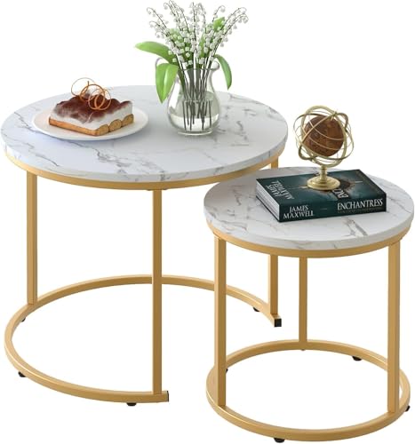 Couchtisch Rund, Satztisch 2er Set, Wohnzimmertisch, Couchtisch aus Holz, Beistelltisch Set, Sofatisch für Wohnzimmer, Schlafzimmer, Büro, Balkon, Gold Metallgestell und Weiß Marmor Tischplatte von Huhote