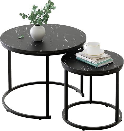 Couchtisch Rund, Satztisch 2er Set, Wohnzimmertisch, Couchtisch aus Holz, Beistelltisch Set, Sofatisch für Wohnzimmer, Schlafzimmer, Büro, Balkon, Schwarz Metallgestell und Schwarz Marmor Tischplatte von Huhote