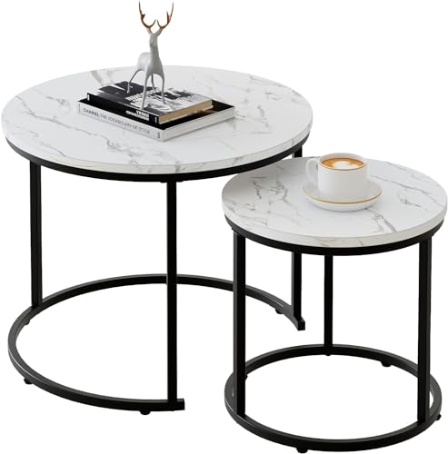 Couchtisch Rund, Satztisch 2er Set, Wohnzimmertisch, Couchtisch aus Holz, Beistelltisch Set, Sofatisch für Wohnzimmer, Schlafzimmer, Büro, Balkon, Schwarz Metallgestell und Weiß Marmor Tischplatte von Huhote