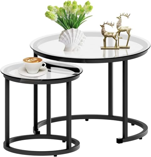 Huhote Couchtisch Rund, Satztisch 2er Set, Wohnzimmertisch, Couchtisch aus Glas, Beistelltisch Set, Kaffeetisch Modern, Sofatisch für Wohnzimmer, Schlafzimmer, Büro, Balkon, Schwarz Metallgestell von Huhote