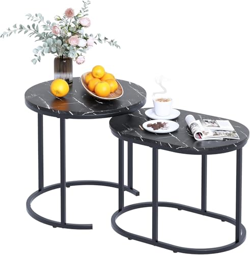 Couchtisch Rund, Satztisch 2er Set, Wohnzimmertisch, Couchtisch aus Holz, Ovaler Beistelltisch Set, Sofatisch für Wohnzimmer, Schlafzimmer, Büro, Balkon, Schwarz Marmor Couchtisch Rund, Satztisch 2er Set, Wohnzimmertisch, Couchtisch aus Holz, Ovaler Beistelltisch Set, Sofatisch für Wohnzimmer, Schlafzimmer, Büro, Balkon, Schwarz Marmor von Huhote