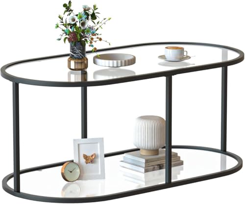 Huhote Couchtisch mit 2 Ebenen, Mitteltisch, Teetische, Wohnzimmertische mit schwarzem Metallrahmen, für Wohnzimmer, Schlafzimmer, Büro, modernes offenes Design, 100 x 50 x 43 cm, Glas von Huhote
