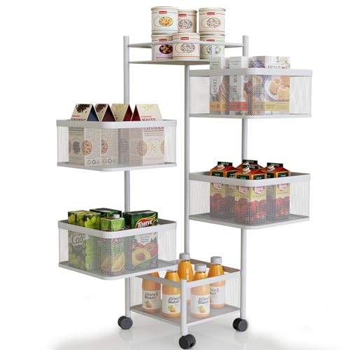 Huhote 5 Ebenen Rollwagen Eckig, Obst mit Rädern Küchenregal, Gemüseregal mit Rollen, Quadrat Küchenwagen, Obstwagen, Aufbewahrungswagen für Küche Badezimmer Wohnzimmer Kinderzimmer (Weiß) von Huhote