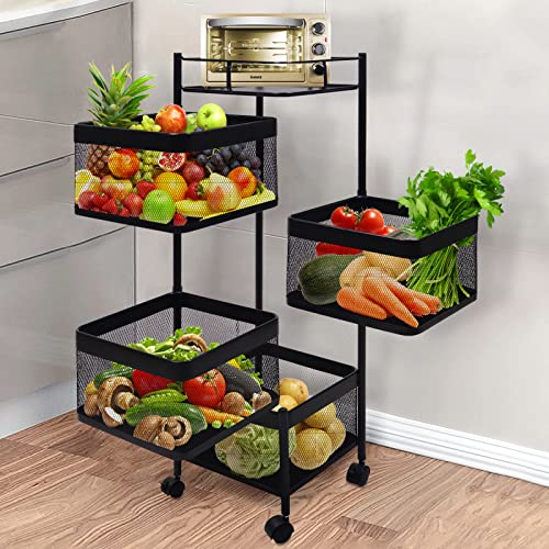 Huhote 4 Ebenen Rollwagen Eckig, Obst mit Rädern Küchenregal, Gemüseregal mit Rollen, Quadrat Küchenwagen, Obstwagen, Aufbewahrungswagen für Küche Badezimmer Wohnzimmer Kinderzimmer (Schwarz) von Huhote