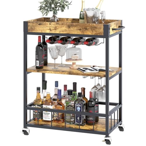 Huhote Servierwagen, Küchenwagen, Barwagen mit Rollen, Weinwagen mit Flaschenhalter, 3 Etagen, Getränkewagen für Wohnzimmer, Esszimmer, Küche, Bar, Party, Braun Holzmaserung Huhote Servierwagen, Küchenwagen, Barwagen mit Rollen, Weinwagen mit Flaschenhalter, 3 Etagen, Getränkewagen für Wohnzimmer, Esszimmer, Küche, Bar, Party, Braun Holzmaserung von Huhote