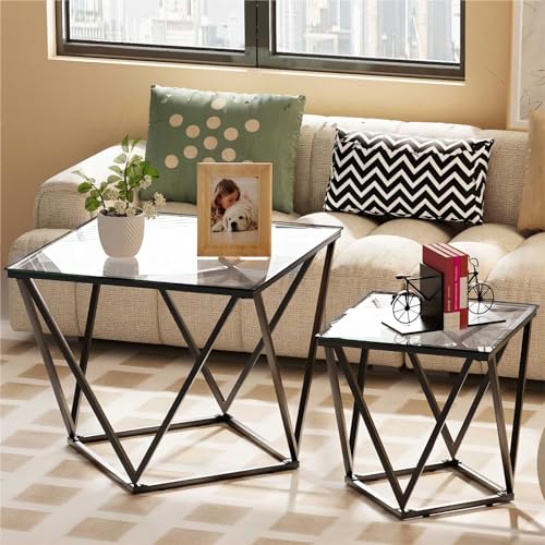 Quadratisch Couchtisch 2er Set, Moderne Wohnzimmertisch, Couchtisch Aus Glas, Wohnzimmertisch Klein, Beistelltisch, Sofatisch, Coffee Table für Wohnzimmer, Schlafzimmer, Büro, Transparentes Glas Quadratisch Couchtisch 2er Set, Moderne Wohnzimmertisch, Couchtisch Aus Glas, Wohnzimmertisch Klein, Beistelltisch, Sofatisch, Coffee Table für Wohnzimmer, Schlafzimmer, Büro, Transparentes Glas von Huhote