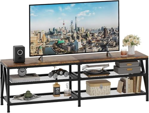 TV-Schrank, Fernsehtisch, Lowboard für Fernseher bis zu 70 Zoll, Fernsehschrank mit 3 offenen Fächern, TV-Regal für Wohnzimmer Schlafzimmer, 160 x 40 x 50 cm, Industrie Design, Stahlgestell, Braun TV-Schrank, Fernsehtisch, Lowboard für Fernseher bis zu 70 Zoll, Fernsehschrank mit 3 offenen Fächern, TV-Regal für Wohnzimmer Schlafzimmer, 160 x 40 x 50 cm, Industrie Design, Stahlgestell, Braun von Huhote