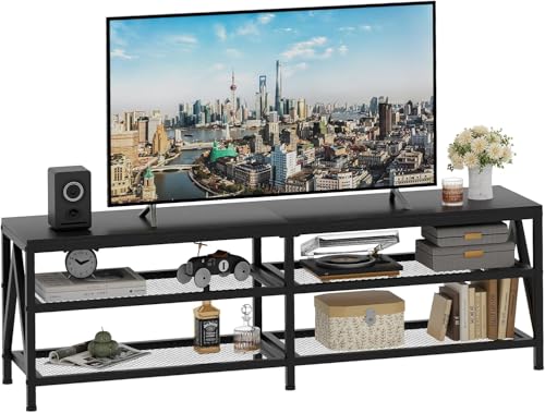 TV-Schrank, Fernsehtisch, Lowboard für Fernseher bis zu 70 Zoll, Fernsehschrank mit 3 offenen Fächern, TV-Regal für Wohnzimmer Schlafzimmer, 160 x 40 x 50 cm, Industrie Design, Stahlgestell, Schwarz TV-Schrank, Fernsehtisch, Lowboard für Fernseher bis zu 70 Zoll, Fernsehschrank mit 3 offenen Fächern, TV-Regal für Wohnzimmer Schlafzimmer, 160 x 40 x 50 cm, Industrie Design, Stahlgestell, Schwarz von Huhote