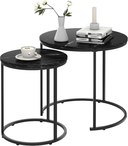 Couchtisch Rund, Satztisch 2er Set, Beistelltisch Set, Wohnzimmertisch, Couchtisch aus Holz, Sofatisch für Wohnzimmer, Schlafzimmer, Büro, Balkon, Schwarz Metallgestell und Schwarz Marmor Tischplatte von Huhote