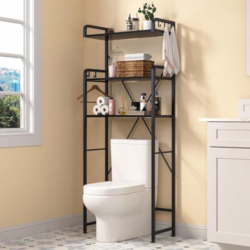 Toilettenregal, Waschmaschinenregal, WC Regal über Wasserklosett Waschmaschine, 3 Ebenen Badezimmerregal, Bad-Organizer mit 5 Haken, Platzsparend, für Waschküche Badezimmer Toilette, Schwarz Toilettenregal, Waschmaschinenregal, WC Regal über Wasserklosett Waschmaschine, 3 Ebenen Badezimmerregal, Bad-Organizer mit 5 Haken, Platzsparend, für Waschküche Badezimmer Toilette, Schwarz von Huhote