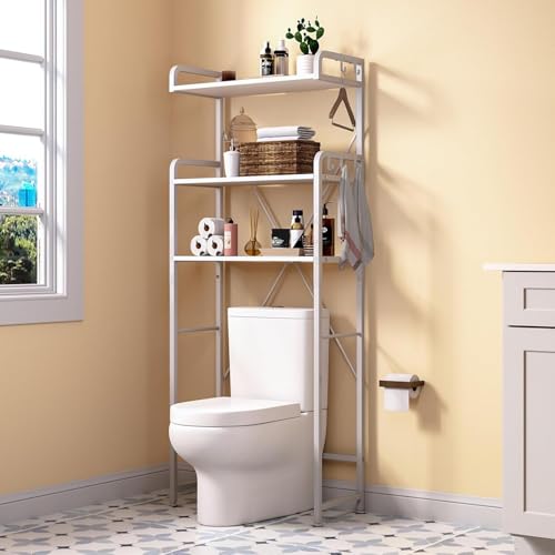 Toilettenregal, Waschmaschinenregal, WC Regal über Wasserklosett Waschmaschine, 3 Ebenen Badezimmerregal, Bad-Organizer mit 5 Haken, Platzsparend, für Waschküche Badezimmer Toilette, Weiß Toilettenregal, Waschmaschinenregal, WC Regal über Wasserklosett Waschmaschine, 3 Ebenen Badezimmerregal, Bad-Organizer mit 5 Haken, Platzsparend, für Waschküche Badezimmer Toilette, Weiß von Huhote
