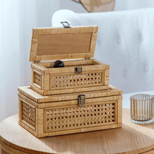 HuiDao Rattan Dekorative Box, Boho Schaukästen mit Deckel, 2er Set Rechteckiger Weidenkorb Aufbewahrungskorb, Natur Gewebte Rohrbehälter für Wohnkultur (Rechteckig) von HuiDao