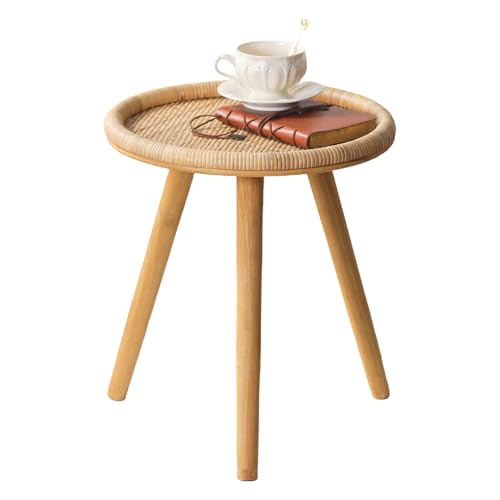 HuiDao Runder Rattan-Beistelltisch, Boho-Kreis, Couchtisch, Beistelltisch für Wohnzimmer, kleiner Mid-Century-Akzenttisch für Schlafzimmer, Balkon von HuiDao