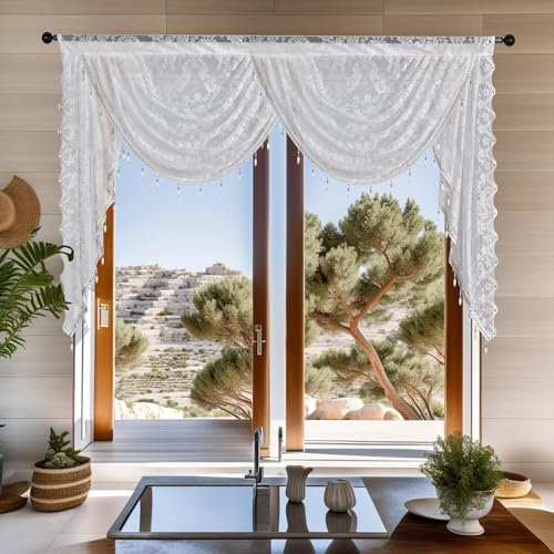 Huierxun Weiße Spitze Wasserfall Fenstervolant mit Perlenquasten, Blumenstickerei, Volant, Vorhänge, halbtransparent, Stangentaschenvolant für Schlafzimmer/Wohnzimmer/Küche/Keller (Weiß, 150 x 104 cm) Huierxun Weiße Spitze Wasserfall Fenstervolant mit Perlenquasten, Blumenstickerei, Volant, Vorhänge, halbtransparent, Stangentaschenvolant für Schlafzimmer/Wohnzimmer/Küche/Keller (Weiß, 150 x 104 cm) von Huierxun
