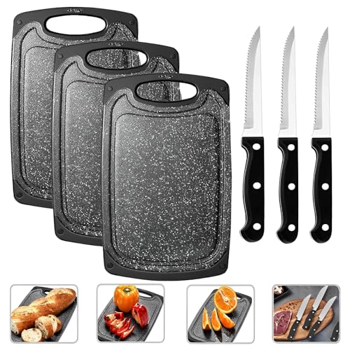 3 Stücke Schneidebrett Kunststoff mit 3 Stücke steakmesser, mit Saftrillen und Rutschfeste Griffe, Cutting Board, BPA-frei, Brettchen Set Kunststoff Spülmaschinenfest von Huifengjie