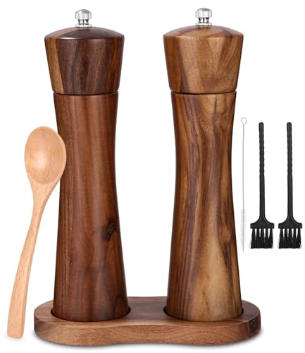Salz und Pfeffermühle Holz 2er Set, Gewürzmühle mit Keramikmahlwerk, Salz und Pfefferstreuer mit untersetzer, pfeffermühle peugeot, Verstellbarem für Gewürze Pfeffer Salz 2er Set 21.5 cm von Huifoo