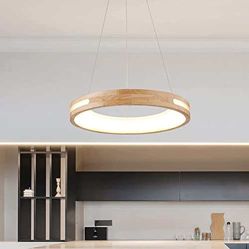 LED Pendelleuchte Holz, Esstisch Dimmbar Hängelampe mit Fernbedienung, Modern Ring Design hängelampe aus holz Höhenverstellbar Esszimmer Holzlampe Arbeitszimmer Wohnzimmer Küche Hängeleuchte (D) von Huilefu