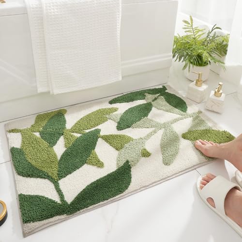 Huilimei Green Leaf Badezimmerteppich, superweiche Faser, saugfähig, rutschfest, maschinenwaschbar, botanisches Muster, Badematte für Badewanne, Waschbecken, Schlafzimmer von Huilimei