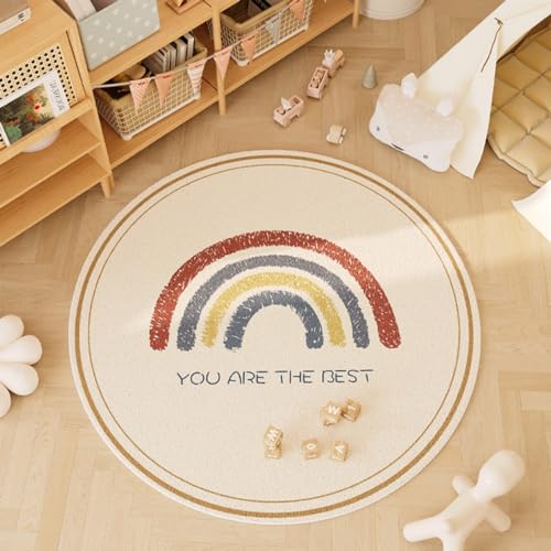 Huilimei Teppich für Kinderzimmer, rund, 120 cm, skandinavischer Stil, Heimdekoration, saugfähig, Regenbogen-Matte, Mädchen, Cartoon von Huilimei