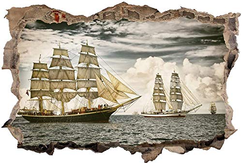 3D-Effekt Wandtattoo Aufkleber Durchbruch selbstklebendes Wandbild Wandsticker Stein Wanddurchbruch Wandaufkleber Tattoo,Segelschiff Dreimaster Meer Retro,Größe:80x125cm von Huin