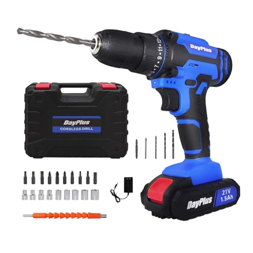 21V Akku-Bohrschrauber Akkuschrauber Set 26 tlg Zubehör 1x 1,5 Ah Akkus Und Schnellladegerät 45 Nm 18+1 Drehmomentstufen LED-Licht mit Koffer von Huini