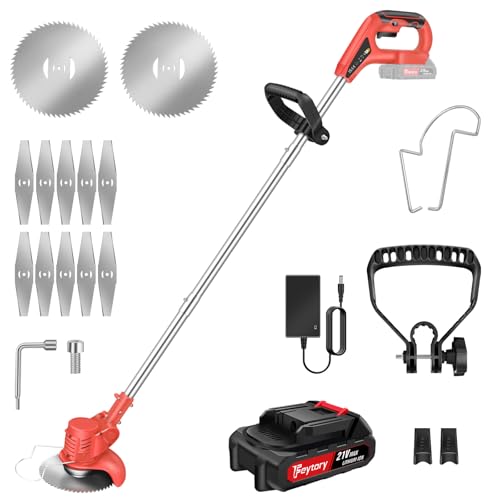 21V Rasentrimmer Mit Akku Und Ladegerät Akku Mit 1x2Ah Akku, Elektrisch Verstellbarer Rasenmäher Mit Metallklinge, Mini Rasenmäher Motorsense 90° Drehkopf,Trimmer Gartenkantenfräser Für Garten von Huini