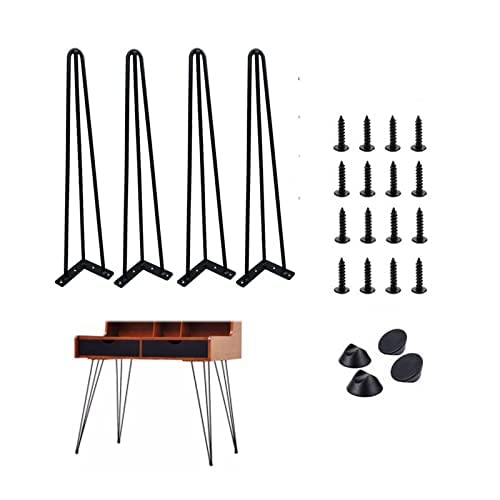 4X Haarnadel Tischbeine Möbelfüße Tischgestell Hairpin Leg 10mm Dicke Haarnadelbeine DIY inkl. Anti-Rutsch-Bodenschoner + Schrauben (34 Zoll(86cm)-3 Streben, Schwarz) von Huini