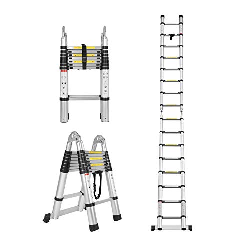 5m Teleskopleiter Mehrzweckleiter (2,5m+2,5m) Klappleiter für Dachboden/Kletterdach/Büronutzung/Baujob Ausziehbar Aluleiter Rutschfeste Stufen 150 Kg Belastbar von Huini