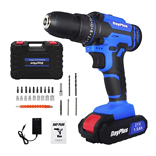 Akku-Bohrschrauber Akkuschrauber Set 21V mit LED Licht (1 Akku, 1.5 Ah, Max. Drehmoment: 45Nm, 25+1 Drehmomentstufen, 26-tlg. Zubehör-Set) Profi-Koffer, Blau von Huini