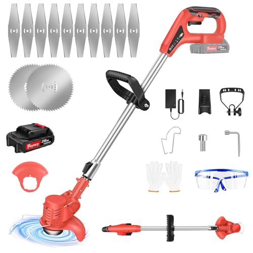 Akku Rasentrimmer Mit Akku Und Ladegerät,21V Freischneider Akku 2000mAH Akku,Mit Metall Messer,Elektro-Trimmer Garten Rasen Unkraut Trimmer Gartenkantenfräser Für Garten,Rot von Huini