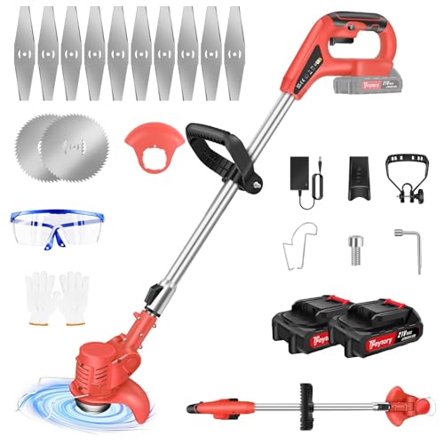 Akku Rasentrimmer Mit Akku Und Ladegerät,21V Freischneider Akku 2x2000mAH Akku,Mit Metall Messer,Elektro-Trimmer Garten Rasen Unkraut Trimmer Gartenkantenfräser Für Garten,Rot von Huini