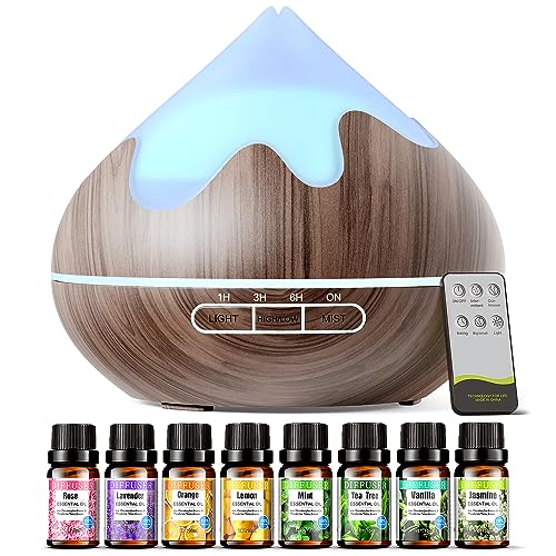 500ML Aroma Diffusor mit Top 8 Öle Geschenk Set, ätherisches Öl Diffuser mit Fernbedienung, Ultraschall-Luftbefeuchter für Home Office, 15 Farbe LED, Fernbedienung mit 4 Timer Einstellung von Huinnethrey