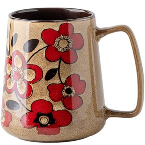 Huiyiwert 700ml extra große Kaffeetasse glatte Glasur Porzellan Kaffeebecher Blumenmuster handgefertigte Teetasse Milchbecher Bürotasse für Kakao Cappuccino Latte Müsli Tee (Khaki) von Huiyiwert