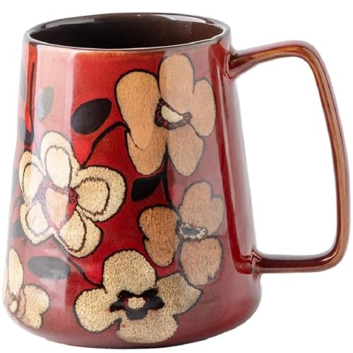 Huiyiwert 700ml extra große Kaffeetasse glatte Glasur Porzellan Kaffeebecher Blumenmuster handgefertigte Teetasse Milchbecher Bürotasse für Kakao Cappuccino Latte Müsli Tee (Weinrot) von Huiyiwert