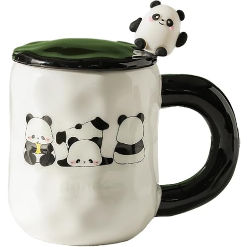 Huiyiwert Süße Panda Tasse mit Deckel und 3D Panda Löffel Teetasse 450ml große Kaffeetasse Neuheit Pandabär Geschenktasse Keramik Kaffeebecher für Frauen Freunde Kinder (Drei-Panda) von Huiyiwert