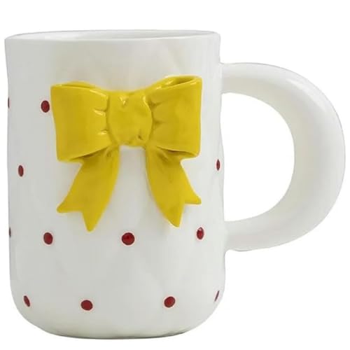 Huiyiwert große Kaffeetasse süß 3D Schleife Bürotasse Porzellan Kaffeebecher 450ml Milchbecher cute Teetasse Geschenk für Frauen Mädchen Freundin Geburtstag Hochzeit Weihnachten (Gelb) von Huiyiwert