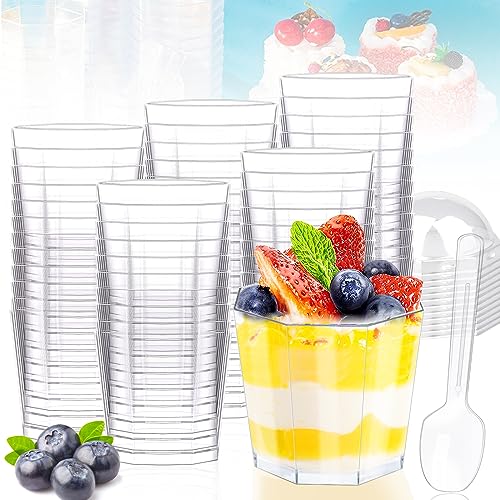 Dessertgläser Plastik,50 Stück Dessertbecher mit Deckel und Löffeln,160 ml Dessertschalen Plastik,Wiederverwendbar Dessertgläser,für Mousse Pudding Eiscreme Dessertparty Hochzeiten von Huiyoulan