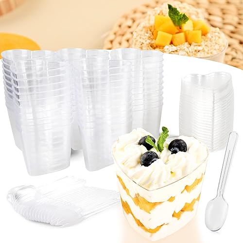 Dessertgläser Plastik Herz,50 Stück Dessertbecher mit Deckel und Löffeln,150 ml Dessertschalen Plastik,Wiederverwendbar Dessertgläser,für Mousse Pudding Eiscreme Dessertparty Hochzeiten von Huiyoulan