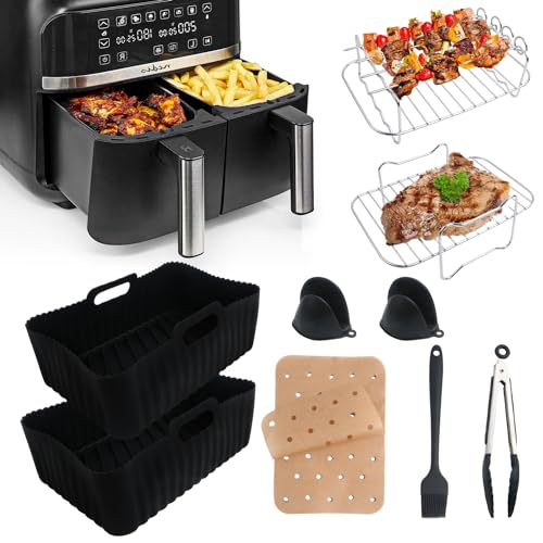 Dual Zone Heißluftfritteusen Zubehör, Airfryer Zubehörset Mit Silikonform Pot für Ninja Foodi AF300EU,AF400EU,AF400EUCP, Innsky,Princess Dual Airfryer zubehör 7.6L-9.5L, Heißluftfritteuse Grillrost von Huiyoulan