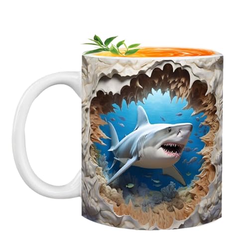 3D Hai Tasse, 11 Unzen 3D Hai Kaffeetasse, Kreativ Mehrzweck Keramik Hai Becher, 3D flache bemalte Keramik-Kaffeetassen, Neuartiges Hai-Dekor, für Kaffee-Milch-Tee-Liebhaber von Hujinkan