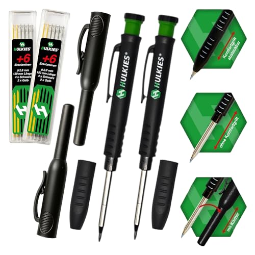 Hulkies 3-in-1 Tieflochmarker 2er-Set – Profi Markierstifte für Handwerker inkl. Ersatzminen & integriertem Spitzer – Für Holz, Fliesen, Metall, Bau & Elektro (2) von Hulkies