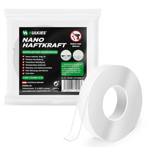 Hulkies Nano Haftkraft Montageband doppelseitiges Klebeband 1 mm x 13 mm x 3 m extra stark, rückstandsfrei, wiederverwendbar, Kleben statt Bohren von Hulkies