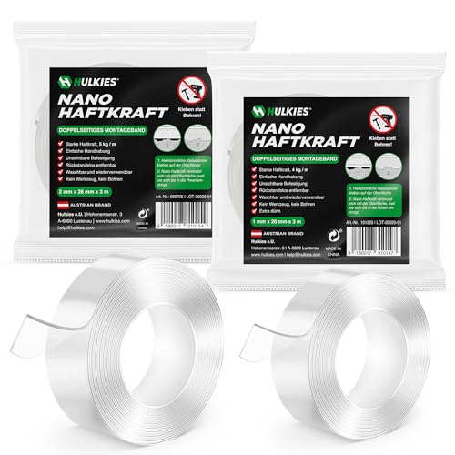 Hulkies Nano Haftkraft Montageband doppelseitiges Klebeband 2er Set 1mm & 2mm x 26mm x 6m extra stark, rückstandsfrei, wiederverwendbar, Kleben statt Bohren Hulkies Nano Haftkraft Montageband doppelseitiges Klebeband 2er Set 1mm & 2mm x 26mm x 6m extra stark, rückstandsfrei, wiederverwendbar, Kleben statt Bohren von Hulkies